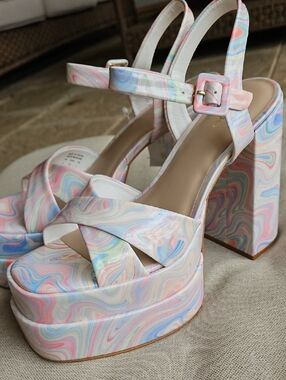 ALDO Platform Chunky Heel Slingback Sandals Pastel Multicolor Marbel Swirl, 9